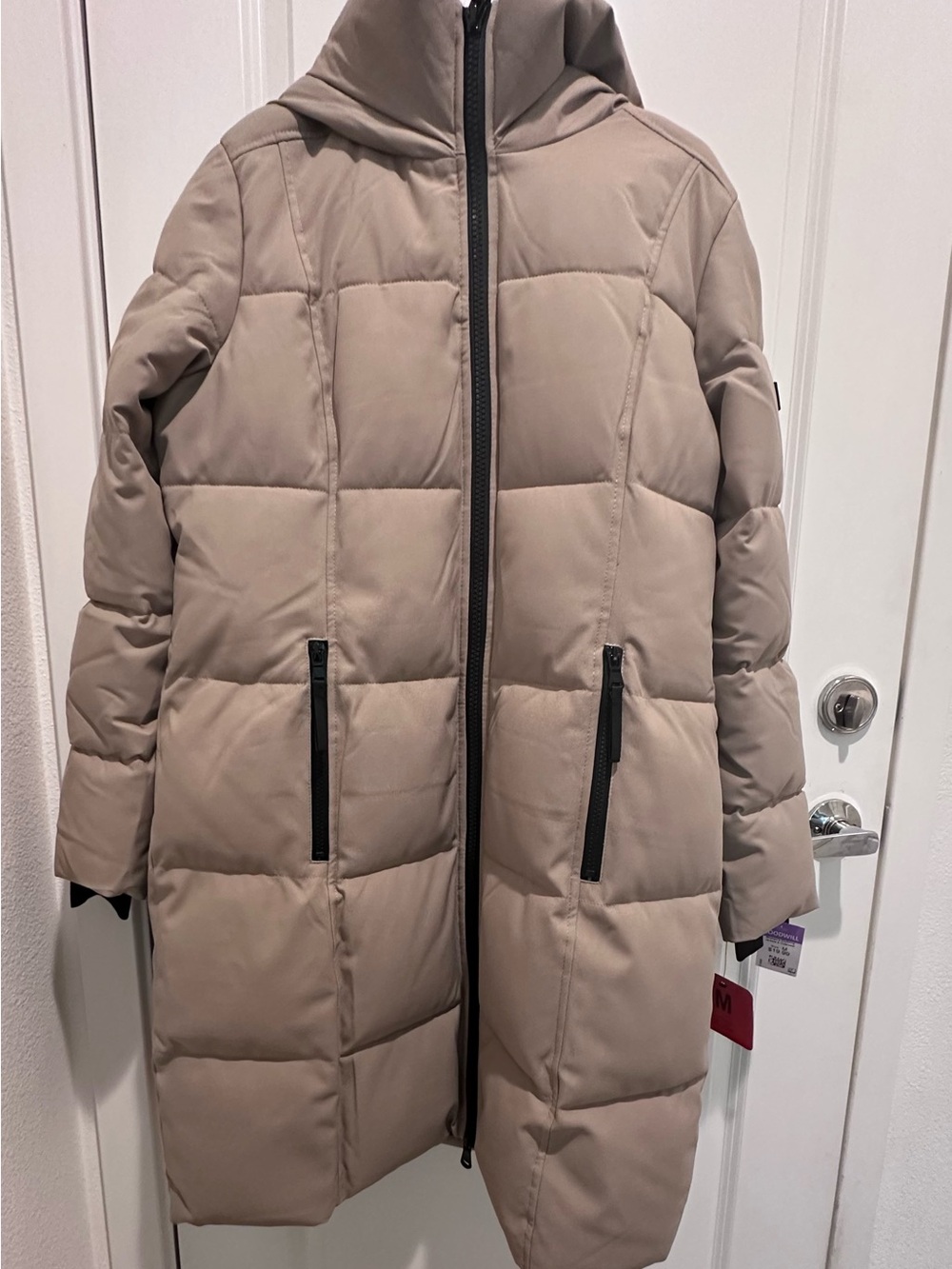 Calvin Klein Long Hooded Puffer Coat in Light Taupe